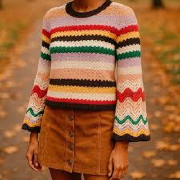 Alice + Olivia Crochet Striped Knit Sweater Rainbow Size Large - Picture 1 of 6